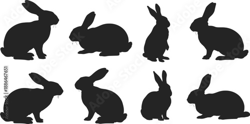 Rabbit silhouette collection showing cute bunny animals in various sitting and resting poses, black vector illustration set isolated on white background