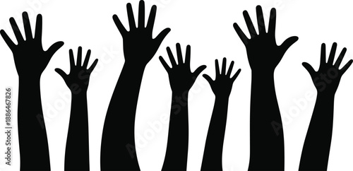 Raised hands black silhouette vector illustration, multiple human arms reaching up, unity crowd participation concept, protest support, volunteer teamwork symbol