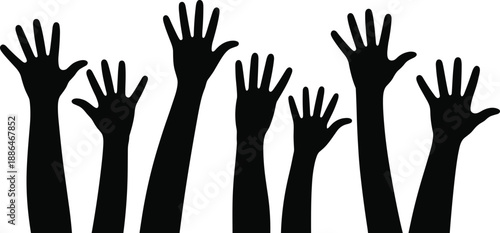 Raised hands silhouette collection showing human arms up gesture, crowd participation concept, black vector illustration isolated on white background