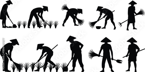 Rice farming worker silhouettes set, traditional Asian agriculture activities, manual paddy field cultivation process, rural farming lifestyle, black vector illustration isolated