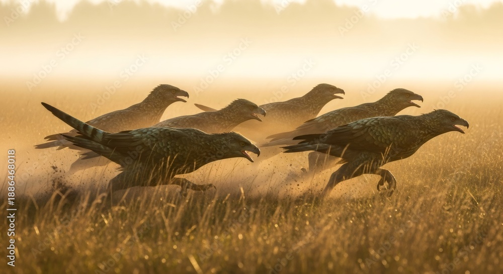 Obraz premium Flock of flightless terror birds running through a grassy field in the morning sun. Prehistoric Cenozoic era animal scene with dynamic motion.