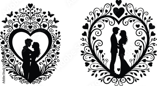 Romantic heart frame silhouette illustration, loving couple inside decorative floral hearts, wedding engagement romance theme, elegant black vector art design
