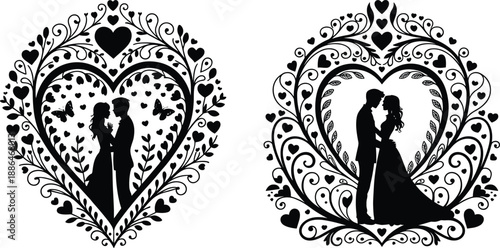 Romantic heart frame silhouette illustration, loving couple inside decorative floral hearts, wedding engagement romance theme, elegant black vector art design