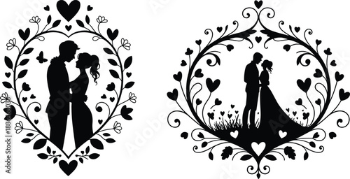 Romantic heart frame silhouette illustration, loving couple inside decorative floral wreaths, wedding engagement romance theme, elegant black vector art design