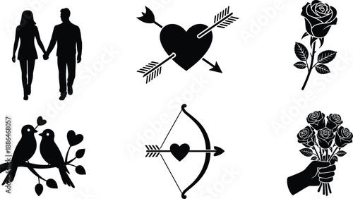 Romantic love silhouette icon set, couple holding hands, heart arrow, roses flowers, birds, cupid bow, valentines day vector illustration, wedding romance