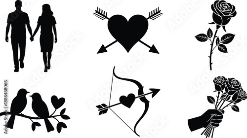 Romantic love silhouette icon set, couple holding hands, heart arrows, roses flowers, birds, cupid bow, wedding valentines day vector illustration, romance design