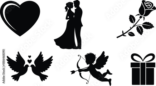 Romantic love silhouette icon set, wedding couple heart rose cupid doves gift symbols, valentines day celebration, black vector illustration collection