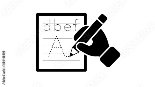 Hand writing letters on a practice sheet with pencil.