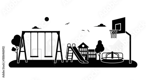 Childrens playground with swings slide and basketball hoop.