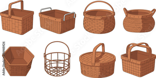 Set of traditional woven wicker baskets and picnic hampers in various shapes and sizes isolated on white for household and storage concepts.