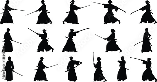 Samurai sword fighting silhouettes set, Japanese martial arts warrior poses, katana combat stances, traditional kendo action, black vector illustration