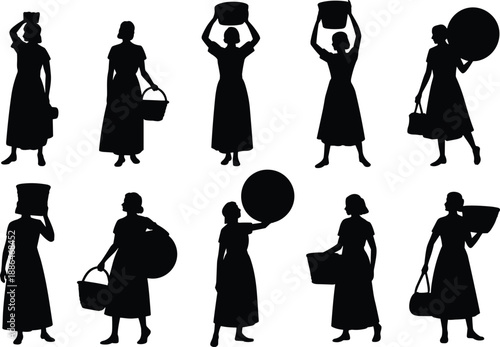 Rural women carrying baskets and pots silhouette illustration, hardworking village female labor collection, traditional lifestyle vector isolated on white background