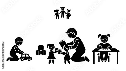 Children and adult engaged in various learning and play activities.