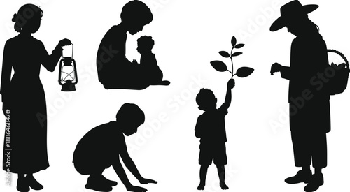 Silhouette children and adults gardening together illustration, kids planting and watering plants, nature education, family care, eco friendly outdoor learning concept