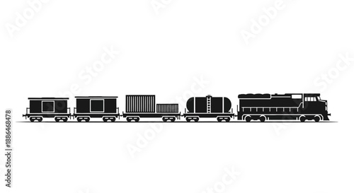 Black silhouette of a freight train with multiple cars.