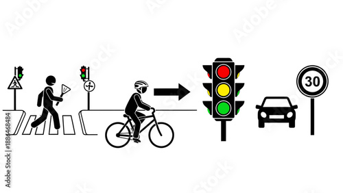 Traffic safety illustration showing pedestrian cyclist and car at intersection.
