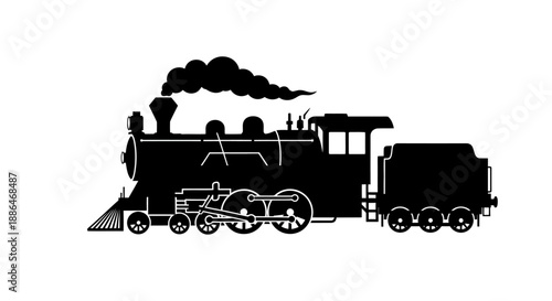 Silhouette of a vintage steam locomotive train with smoke.