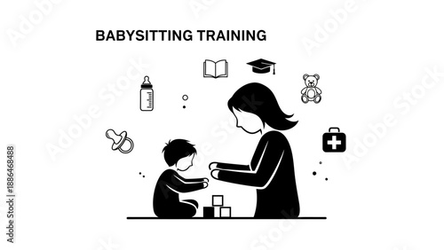 Babysitting training with mother and child playing with blocks.