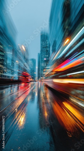 High quality photo of Abstract long exposure of city street at night with motion blur light trails and skyscrapers
