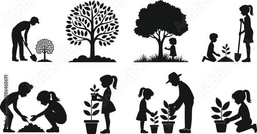Silhouette children and family gardening stages illustration, planting trees and potted plants, growth cycle, nature education, eco friendly lifestyle concept