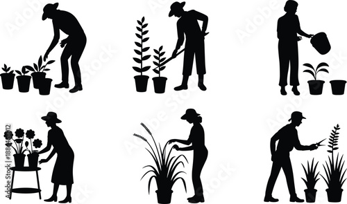 Silhouette gardeners caring for potted plants illustration, people watering trimming and planting flowers, indoor outdoor gardening activities, eco friendly lifestyle concept