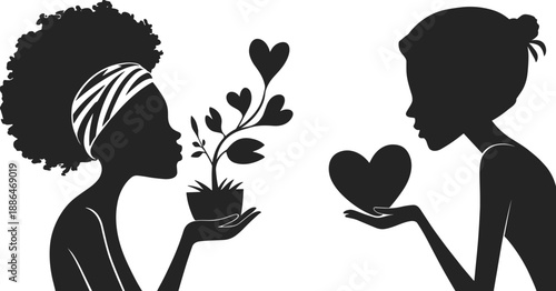 Silhouette women holding hearts and plant illustration, love care and growth concept, emotional connection, self care, kindness, mental health, nurturing lifestyle theme