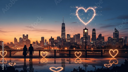 Couple silhouetted against a city skyline at sunset with glowing heart lights and reflections romantic evening concept