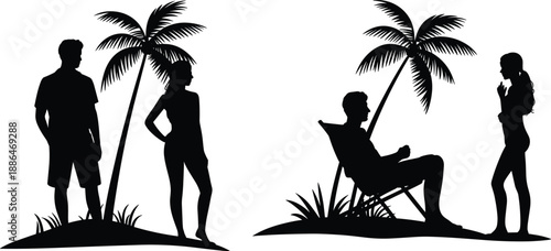 Tropical beach vacation silhouettes, couple relaxing under palm trees on island, summer leisure travel lifestyle concept, black vector illustration