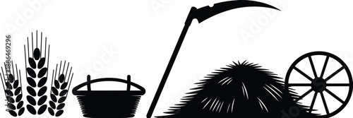 Traditional farming tools and harvest symbols, wheat ears, basket, sickle, haystack and wooden wheel, black silhouette vector illustration for agriculture concepts