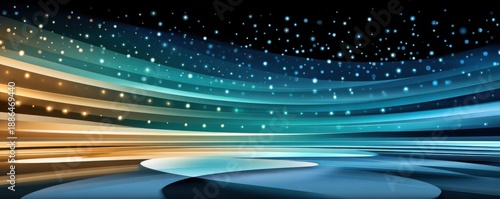 Abstract blue digital stage with circular podium and glowing light swirls against a dark background © Georgii