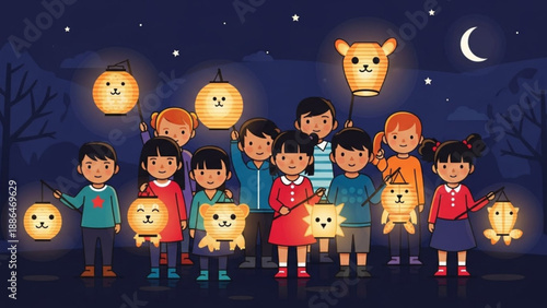 Children holding glowing animal lanterns at night celebrating a festival or holiday with joy and wonder vector illustration