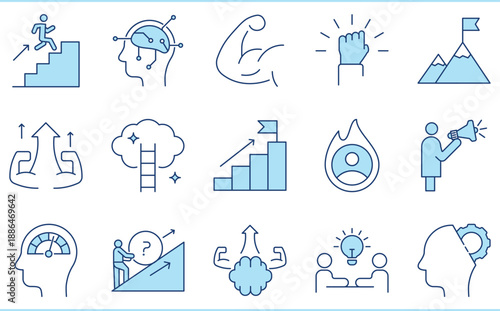 A set of flat icons related to Motivation. Speech, motivate, encourage, empowerment, goal, success, target, focus, and so on.
