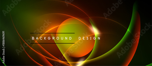 Abstract neon lines create dynamic curves, gradients. Orange, green hues dominate design. Text reads background design. Smooth transitions, modern aesthetic.