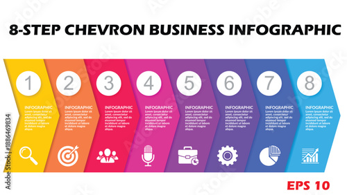 8-Step Chevron Business Infographic Template. Vector Horizontal Process Diagram with Colorful Numbered Arrows and Strategic Corporate Icons
