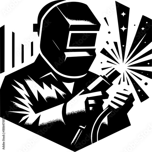 Vector silhouette woodcut illustration of a welder welding steel while wearing a protective mask
