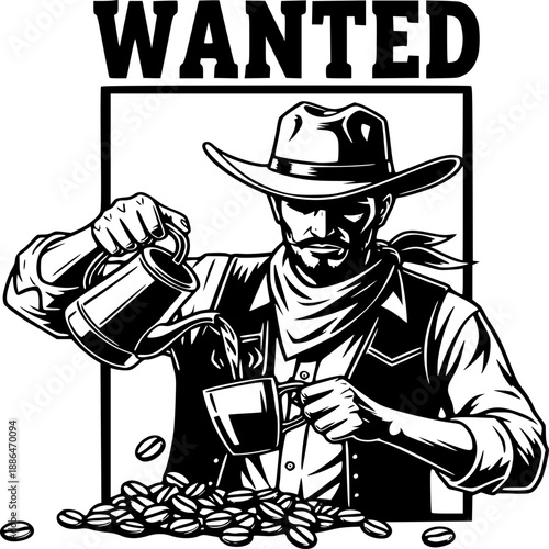 Retro cartoon vector illustration of a man wearing a hat holding a gun and a glass of wine