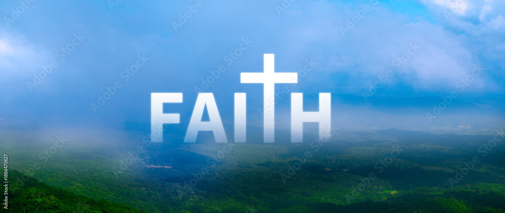 Fototapeta premium Faith and fear concept. words written with Clouds blue sky, Inspirational Christian message of hope and belief journey with the word faith. not ai