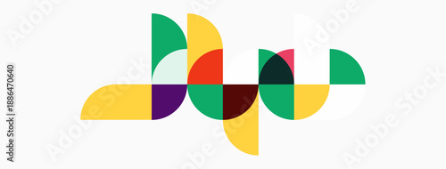 Abstract colorful shapes form connected pattern. Geometric design uses overlapping semicircles, creating dynamic visual flow.