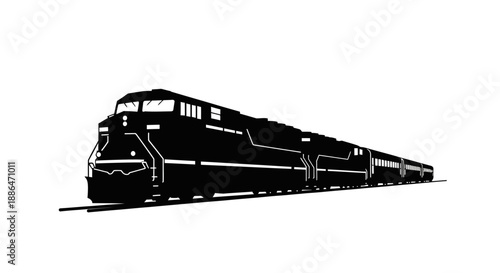 Black silhouette of a modern freight train on white background.