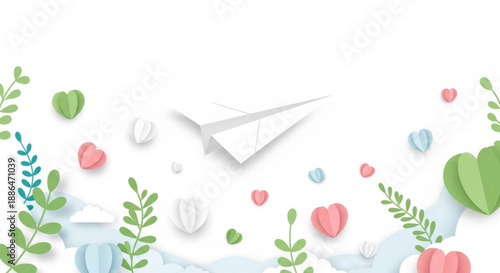 Paper airplane flying through colorful hearts and leaves in the sky  