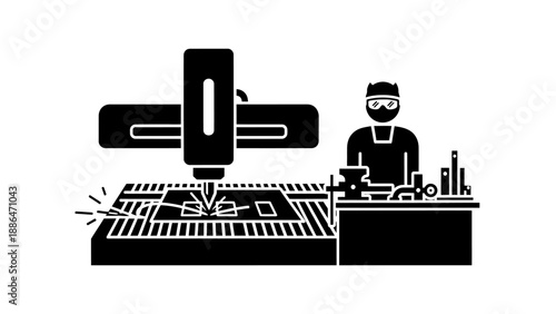 Industrial worker operating a precision cutting machine in a factory setting.