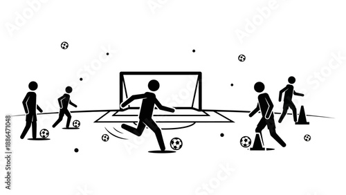 Soccer players practicing drills on a field with a goal.