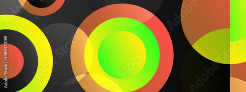 High contrast background with neon green and red overlapping spheres and rings on a dark background for futuristic tech themes