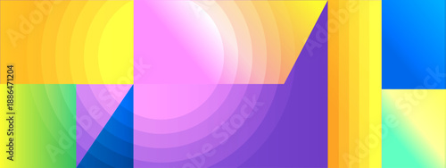 Minimalist background featuring large concentric circles and geometric divisions in yellow purple and blue gradients