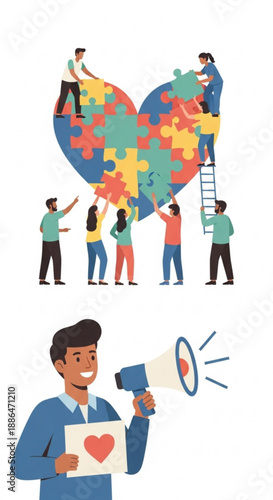 Collaborative team assembling heart-shaped puzzle for unity  