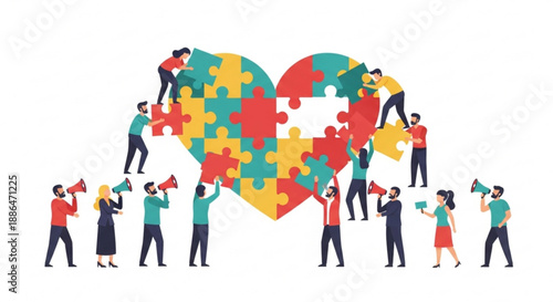 Team of diverse people assembling colorful puzzle heart together  