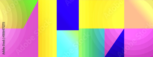 Vibrant geometric composition featuring a mix of colorful square and circular shapes in a modern abstract mosaic style