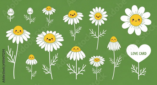 Cute daisies with smiling faces on green background for love card  