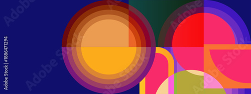 Stylized abstract art featuring warm-toned concentric circles and geometric segments on a deep blue background