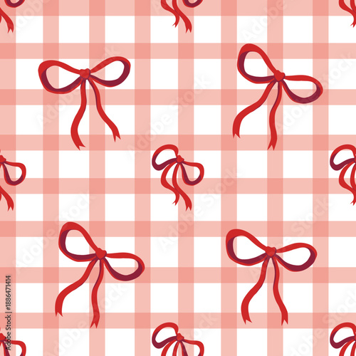 Red Ribbon Bows on Gingham Checkered Background Seamless Pattern